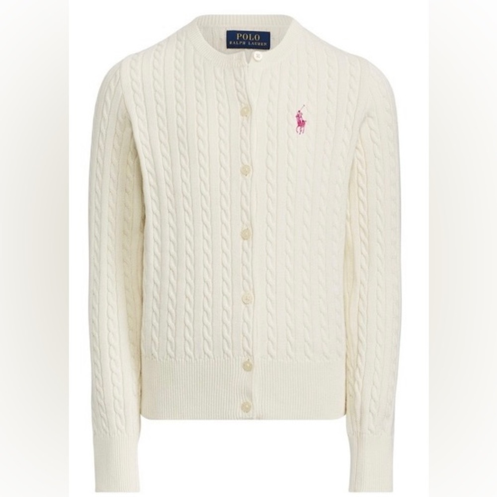 Polo by Ralph Lauren Girl’s Size 4/4T White‎ Cotton Cable Cardigan W/Pink Pony